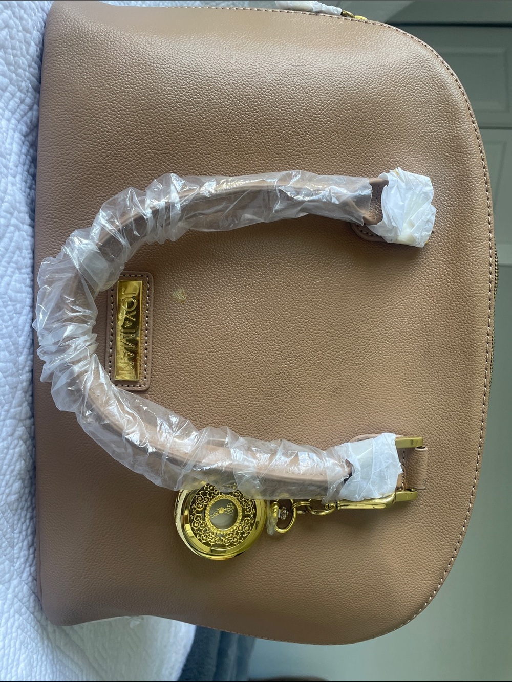 Pebbled Tan Satchel with Gold Accents